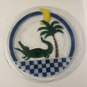 Peggy Karr Round Fused Glass 14" Platter Checked Alligator Palm Tree Moon READ